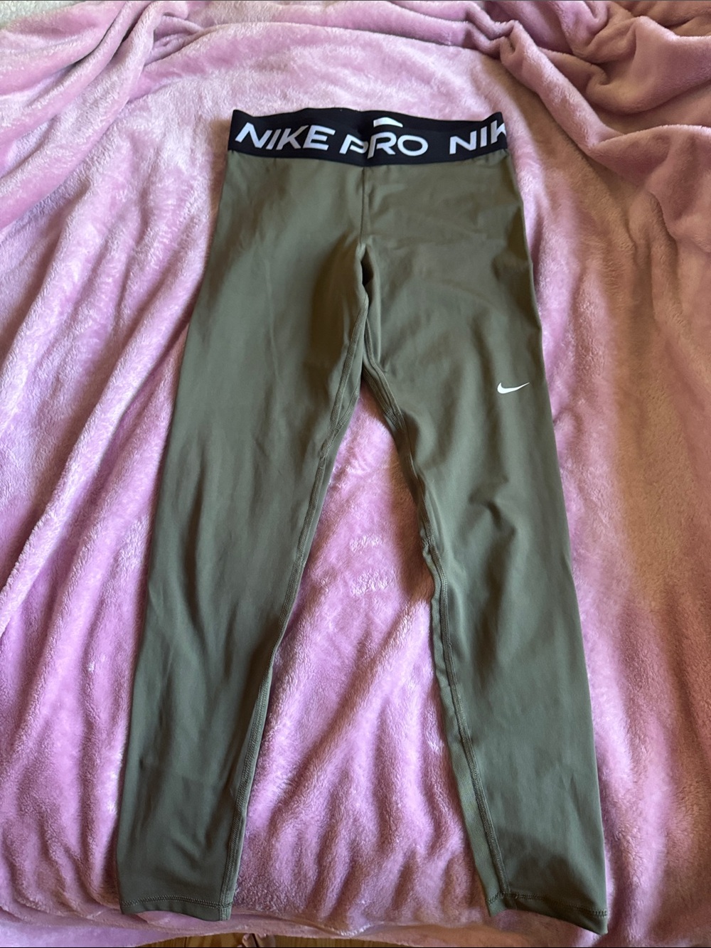 Nike Olive Green Kids Performance Leggings with Black Waistband